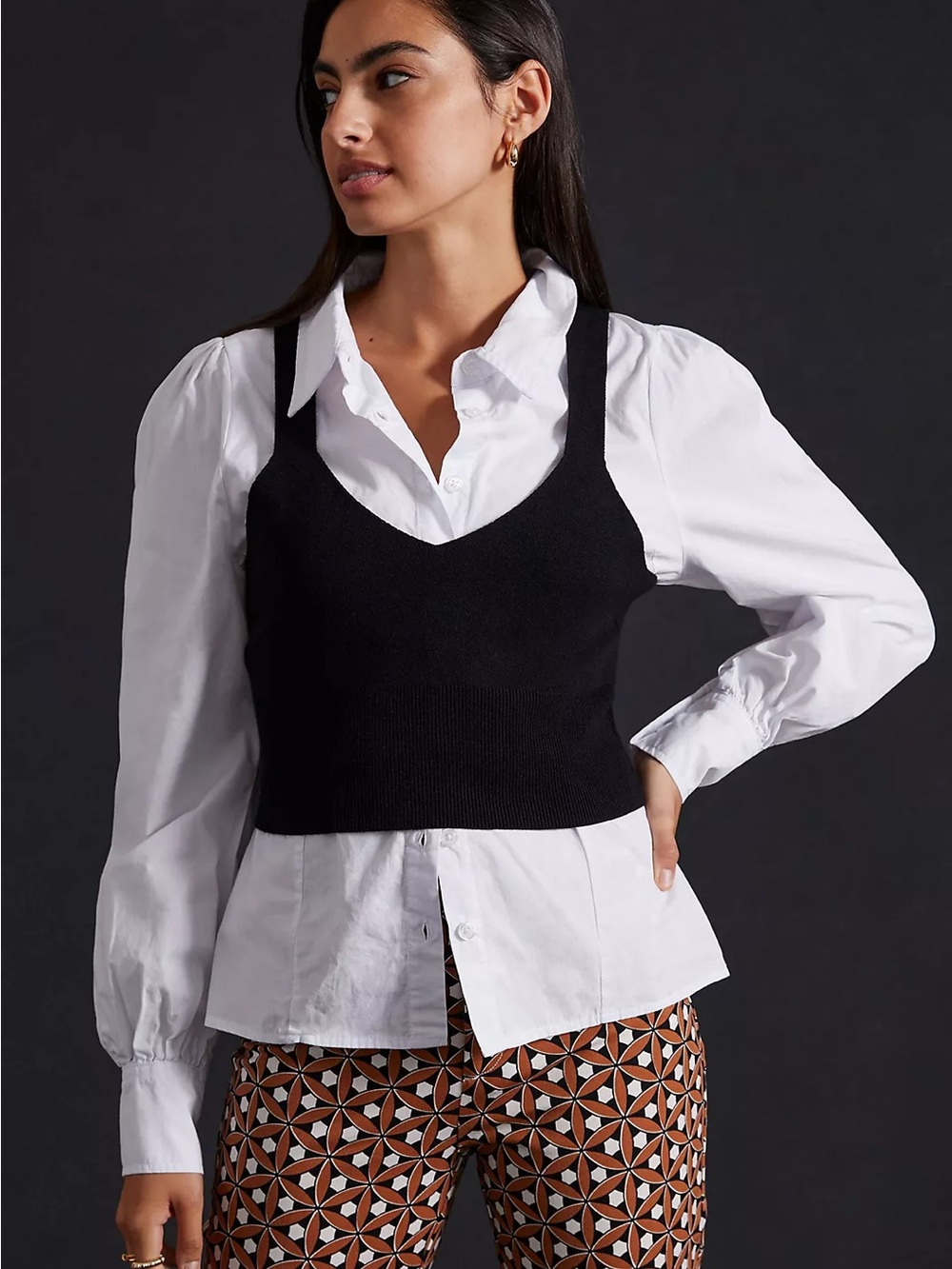 Maeve Mixed Media Layered Top Button Down Preppy Academia Minimalist Large